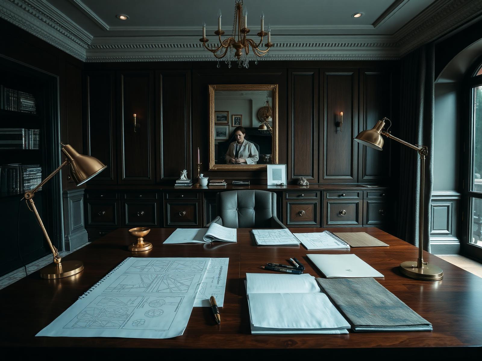 Alless Enterprises design studio — drawings, materials and brass desk lamps in a charcoal workspace