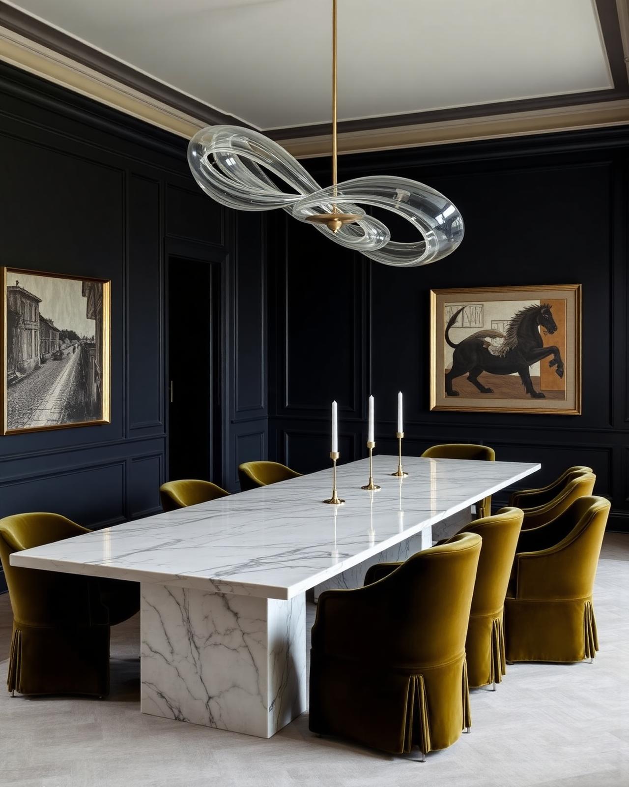 Editorial luxury dining room with marble table by Alless Enterprises