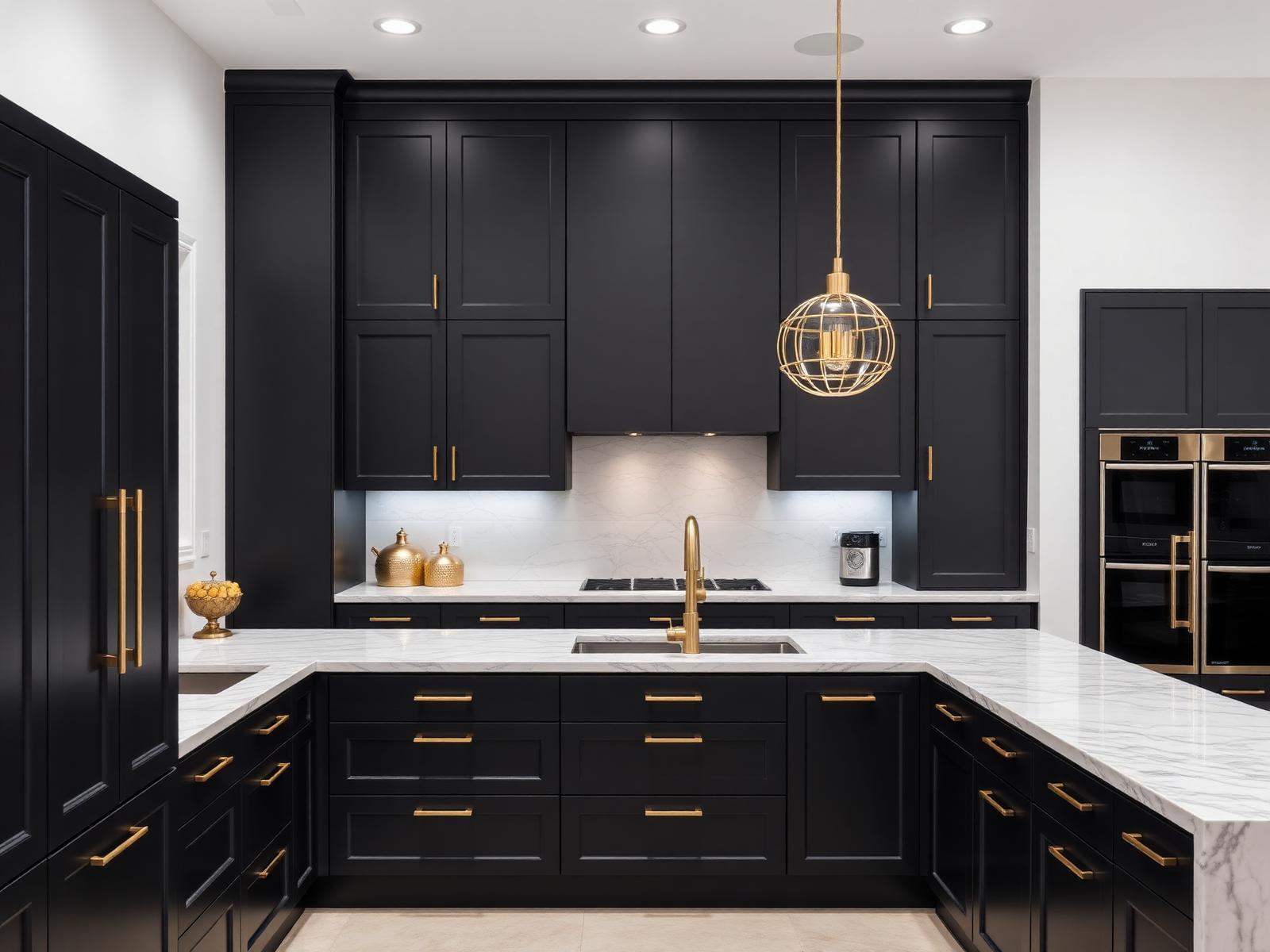 High-end modular kitchen with matte black cabinets and champagne gold hardware by Alless Enterprises New Delhi